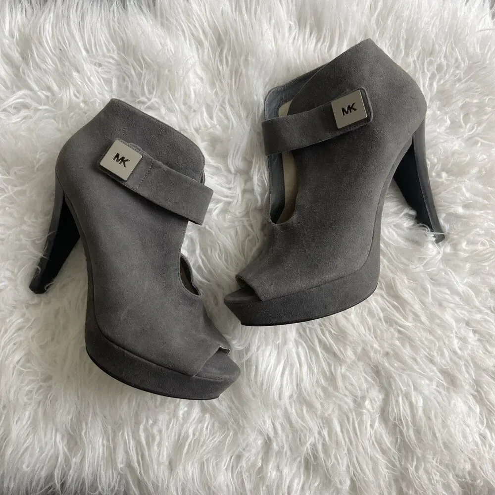 Michael Kors Womens Devenport Bootie Pump Size 9 Gray Suede Open Toe High Heel